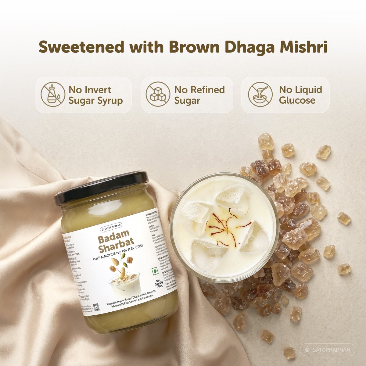 SatopradhanV's tweet photo. Still drinking almond drinks with more sugar than almonds? 🌰 Switch to Satopradhan Badam Sharbat!

✨ Real almonds &amp; clean ingredients 
❌ No refined sugar or artificial flavours 
🥛 Mix with chilled milk or water
Make the switch to natural! 💛 🛒 https://t.co/k4eQRRKgmj https://t.co/ZQeTtjOn8T