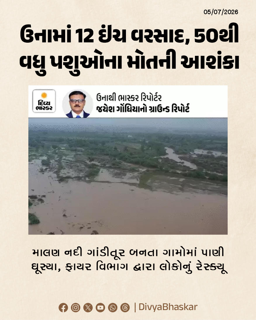Divya_Bhaskar's tweet photo. ઉનામાં મેઘતાંડવ, 12 ઇંચ વરસાદ, 50થી વધુ પશુઓના મોતની આશંકા : માલણ નદી ગાંડીતૂર બનતા ગામોમાં પાણી ઘૂસ્યા, ફાયર વિભાગ દ્વારા લોકોનું રેસ્ક્યુ
#Gujarat #Girsomnath #Una #MalanRiver #weather #Monsoon2026
https://t.co/Tjgxyi7oC1 https://t.co/LUdECYyYP5