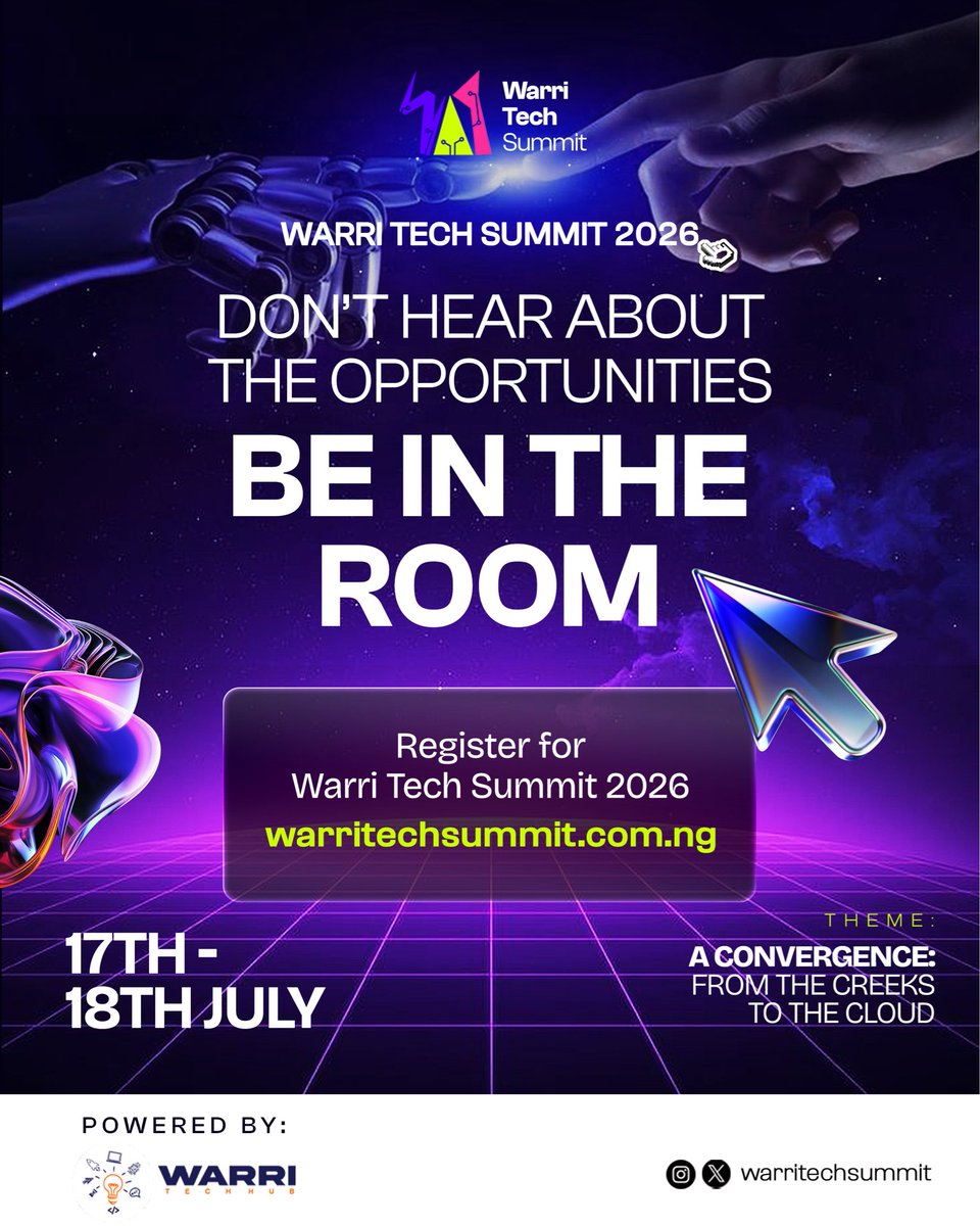 WarriTechSummit's tweet photo. Don’t just hear about opportunities… BE IN THE ROOM
Warri Tech Summit 2026 is where connections are made, ideas are born & the future is built 
If you’re serious about tech, growth & opportunities show up!
🗓 July 17–18th 2026
📍 Warri

Register with link in Bio

#WarriTechSummit #TechInWarri #NaijaTech #BeInTheRoom #StartupNigeria #TechTok #Opportunities