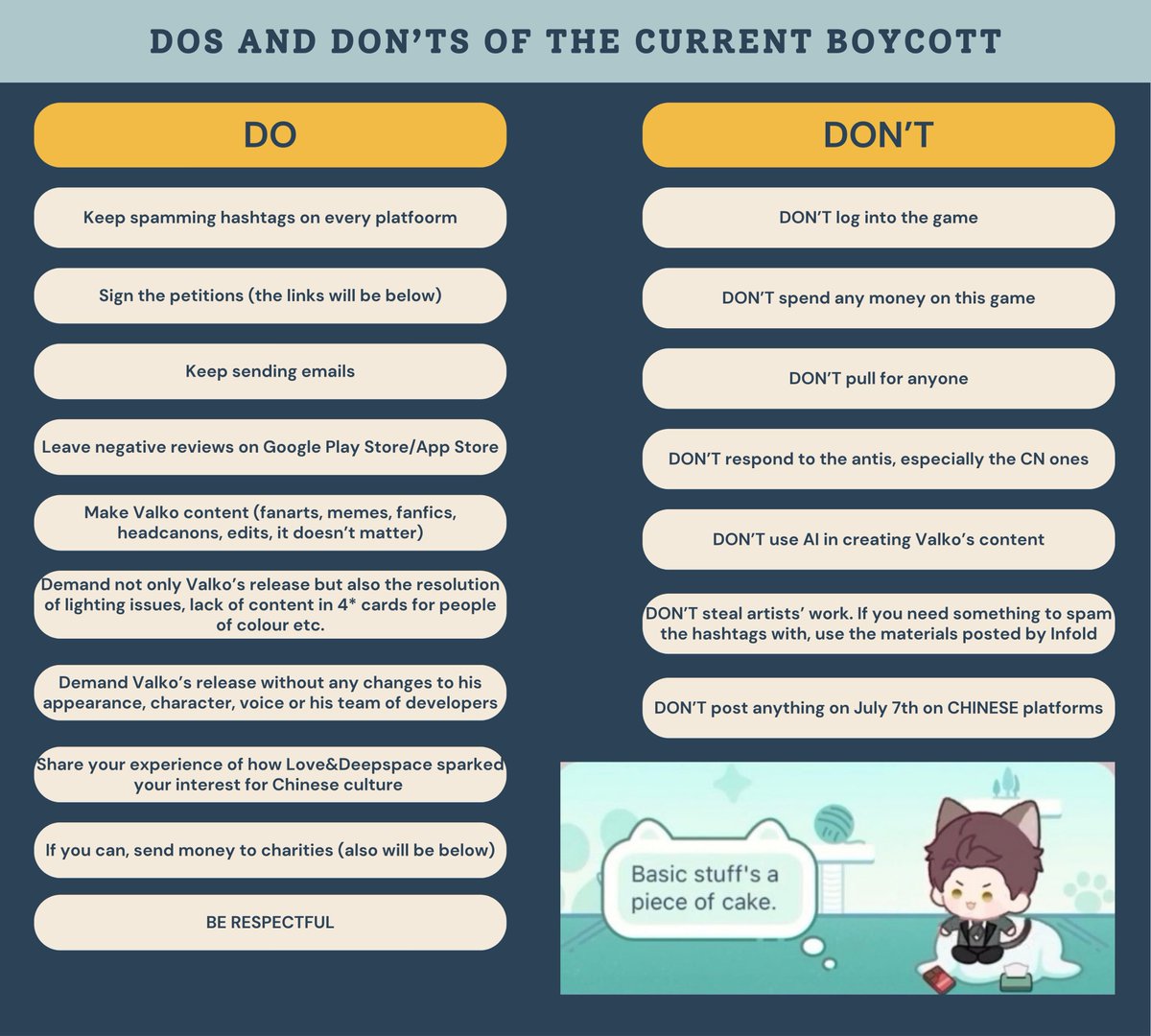 kazscomplaining's tweet photo. ‼️A list of things you should and shouldn't do during the boycott‼️

#Valko #JusticeForValko #恋与深空 #敖尹 #BringValkoBack #SaveValko #BringBackValko #LADSValkoReturn https://t.co/l1o62c7wj3
