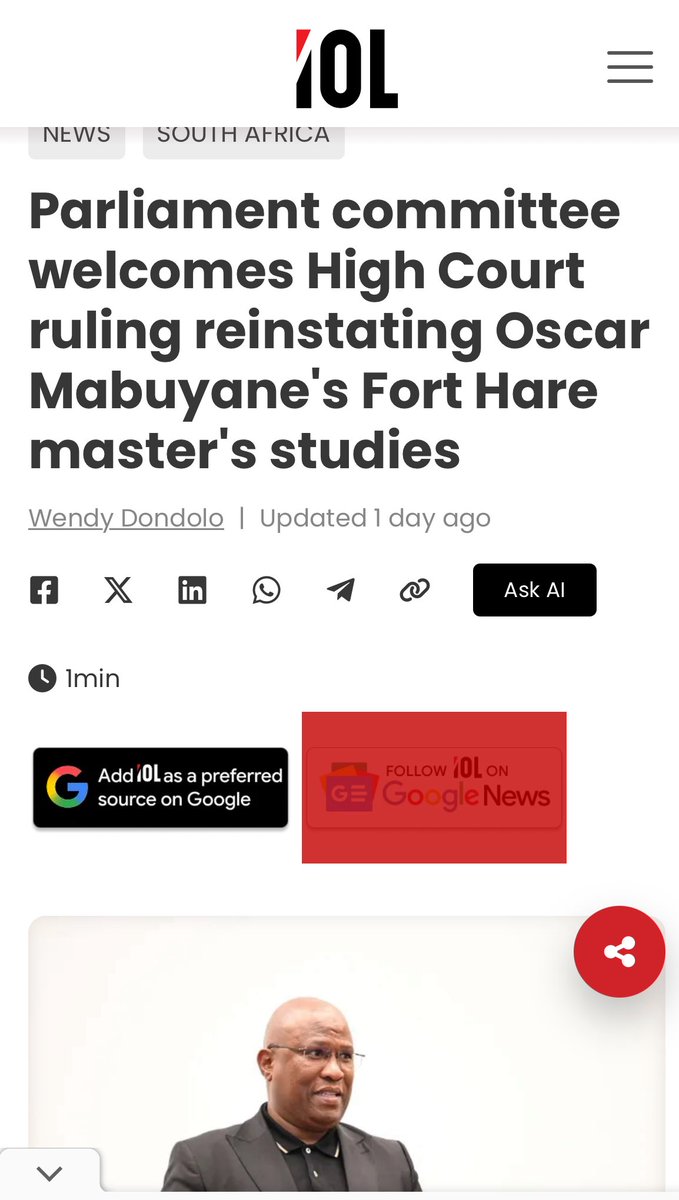 SihleLonzi's tweet photo. This article is misleading, and quite frankly blatantly dishonest. Rubbish reporting! 

1. The Portfolio Committee on Higher Education has not adopted any position on this matter.

2. The High Court did not find that Oscar Mabuyane met the admission requirements, nor did it declare his admission lawful. It just set aside the deregistration decision on procedural grounds.

3. The substantive question of whether Mabuyane lawfully qualified for admission remains to be determined through the University's process.

4. The judgment does not affect the Special Investigating Unit (SIU) investigation into the circumstances surrounding Oscar Mabuyane's admission and alleged FAKE qualifications.

Wendy Dondolo of @IOL, as a responsible and ethical journalist, you should know the difference between a resolution of a Portfolio Committee of Parliament, and the personal views of its Chairperson. 

This is not a ANC Parliament. Those days are gone. Stop reporting lies. Sies.