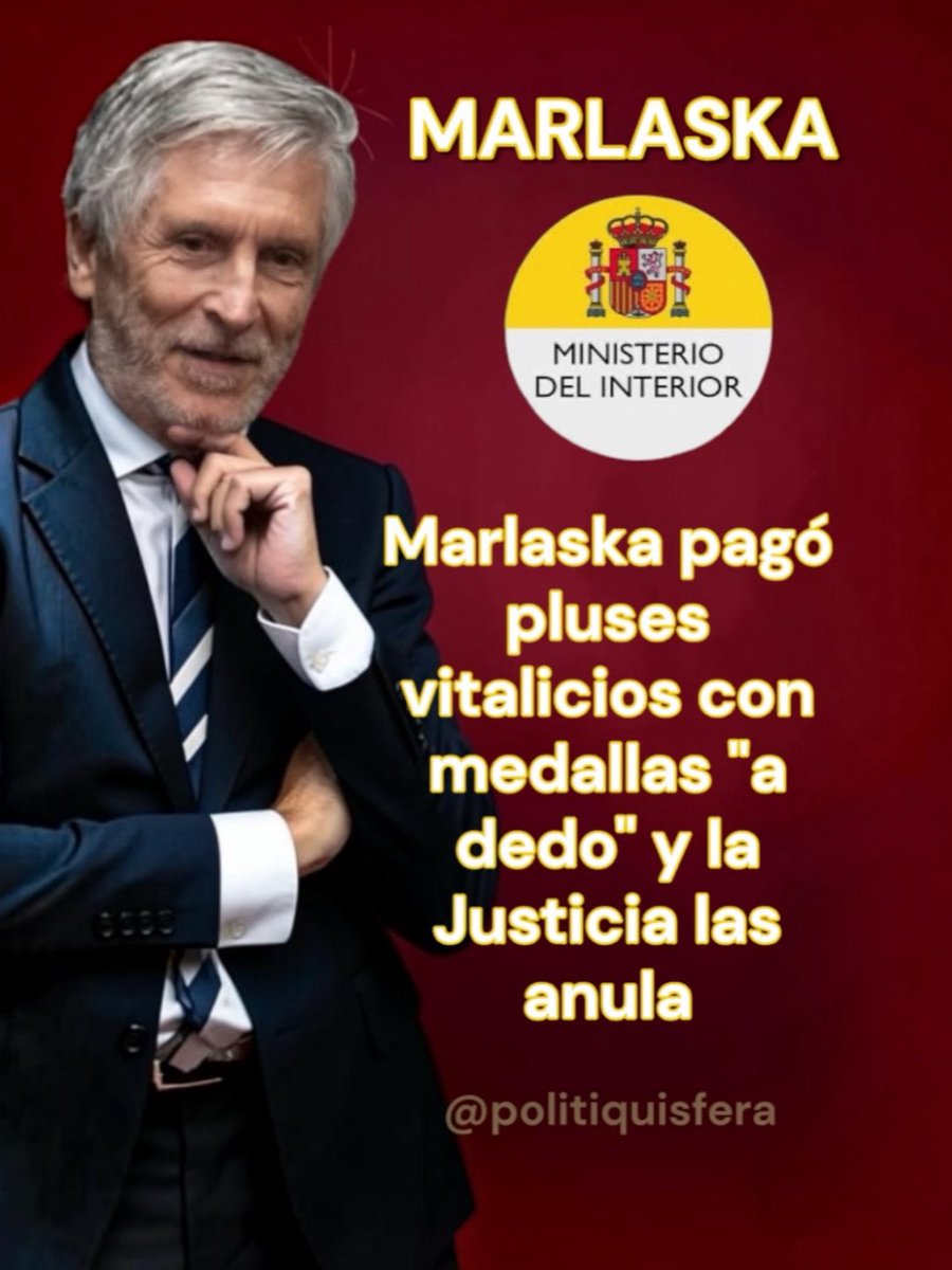 politiquisfera's tweet photo. VARAPALO A MARLASKA.  La Audiencia Nacional tumba las ocho medallas “a dedo” que el ministro Marlaska concedió a la cúpula policial. El tribunal denuncia un “sistema de retribuciones encubiertas”, ya que estos premios sumaban un 15% vitalicio a su pensión de jubilación sin cumplir los requisitos legales.#Marlaska #AudienciaNacional #PoliciaNacional #MinisterioDelInterior #Actualidad