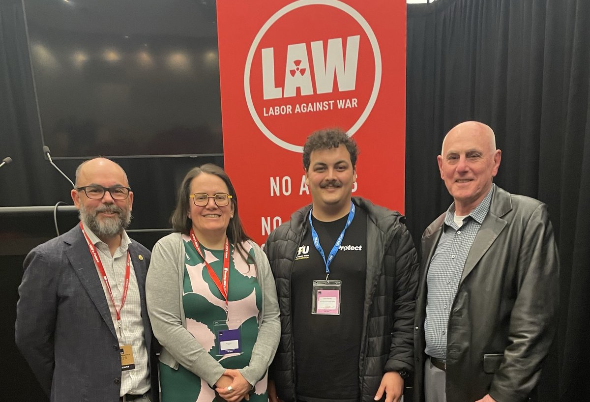 LabAgainstWar's tweet photo. Thanks to Dr Ruth Mitchell (@nuclearban - ICAN); James Miranda (@nsw_ETU) &amp; Major General (ret'd) Mike Smith who spoke at LAW Fringe Event @NSWLabor state conference (here with LAW National Convenor Marcus Strom)

The rank-and-file will keep fighting to overturn AUKUS. https://t.co/Z1878zBdPR