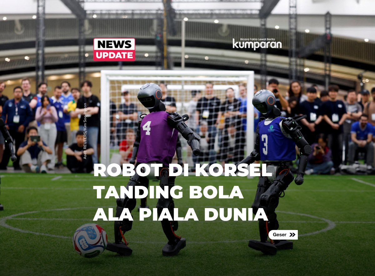 kumparan's tweet photo. Bukan Messi atau Ronaldo, kali ini giliran robot humanoid yang adu mekanik di lapangan hijau!

Kompetisi sepak bola RoboCup 2026 di Incheon, Korea Selatan, mempertemukan robot-robot humanoid tercanggih dari seluruh dunia. Nggak cuma sekadar jalan, mereka bisa giring bola, mengoper, bahkan sliding tackle. Semuanya bergerak berbasis kecerdasan buatan (AI).

Penyelenggara mengatakan lebih dari 3.000 peserta dari 45 negara ikut serta dalam kompetisi tersebut.

📸: Dok. Reuters/Kim Soo-Hyeon.

Baca selengkapnya dengan klik link di bio. Cari tahu berita update lainnya dengan download aplikasi kumparan di App Store atau Google Play.⁠

📝: newsupdate | update | teknosains | esaifoto | R102 | E038⁠

#bicarafaktalewatberita #kumparan