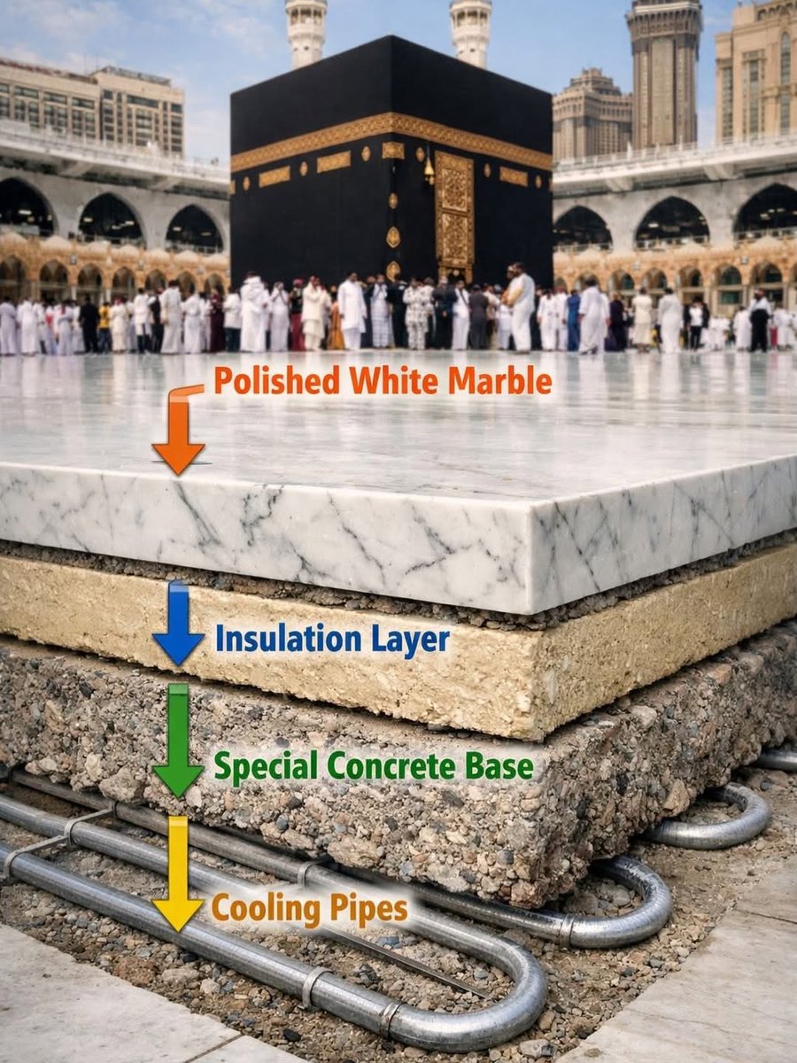 AhmadX_Official's tweet photo. Why does the Mataf area stay surprisingly cool even under the intense heat of Makkah?

The area where Tawaf is performed around the Ka’bah is not built with ordinary flooring. It uses carefully engineered materials and layers designed specifically to reduce heat absorption and maintain comfort for millions of pilgrims.

Key materials and design features:

1. High-Grade White Marble (Thassos Marble)
The surface is made from premium white marble sourced from Thassos Island in Greece. Its dense natural structure allows it to limit heat retention and helps maintain a cooler surface compared to standard stone.

2. Thermal Insulation Layer
Beneath the marble, a specially designed insulation layer blocks heat transfer from the ground below, preventing rising thermal energy from affecting the surface temperature.

3. Reinforced Concrete Foundation
A strong structural base of reinforced concrete supports the massive load of continuous foot traffic, ensuring both durability and stability for millions of pilgrims.

4. Integrated Cooling System
In selected sections, cooling pipes and temperature-control systems are installed underneath the flooring to further regulate surface heat.

Result:

Even when external temperatures exceed 45°C under the harsh desert sun, the Mataf floor often remains noticeably cool to the touch, allowing pilgrims to perform Tawaf with greater ease and comfort.

A remarkable combination of modern engineering and facilitation for worship in the sacred House of Allah.

(Source: IG khobarstories)