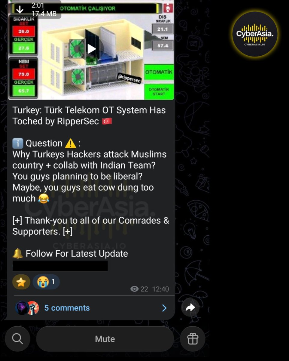 cyberasia_io's tweet photo. 🚨 Turkey Alert 🇹🇷
Hacktivist group #RipperSec claims to have carried out a #SCADAattack targeting the Operational Technology (OT) systems of Türkiye’s leading telecommunications provider, Türk Telekom.
#Cybersecurity #TürkTelekom #Turkey https://t.co/LYDa0QlaMt