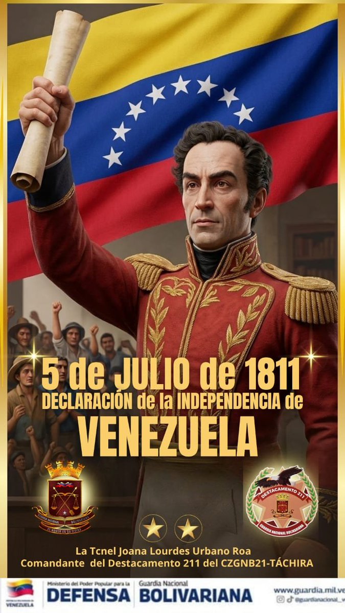 CmdtPACCopaDOro's tweet photo. 5 de julio de 1811: un hito que cambió la historia de Venezuela. Hoy conmemoramos nuestra Declaración de Independencia con el compromiso firme de mantener nuestra soberanía intacta. ¡Viva Venezuela libre! 🇻🇪📜🛡️ https://t.co/BQzfHyei0W