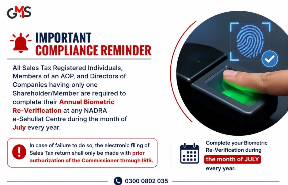 GMS_solicitor's tweet photo. Compliance Starts with Timely Action.

Complete your Annual Biometric Re-Verification this July and stay compliant with FBR requirements.

#ComplianceReminder #BiometricVerification #FBR #SalesTax #TaxCompliance #NADRA #BusinessCompliance #GMSConsultants #StayCompliant https://t.co/NNV5Rpmfnp