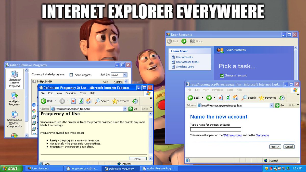 TheBobPony's tweet photo. The unfortunate thing about Windows 2000 is it brought forced Internet Explorer integration to the Windows Explorer shell and rewritten Add/Remove Programs as Microsoft HTML Application (.hta).
Windows XP continued that trend for the User Accounts Control Panel Applet as HTA too! https://t.co/afDot0fI10