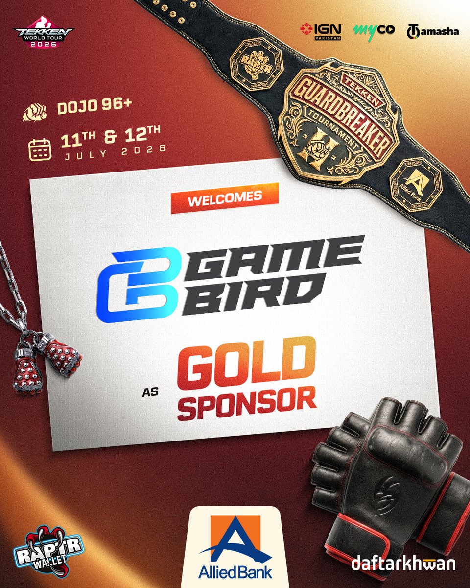 IGNPakistan's tweet photo. Another one Locked in!
We are proud to announce GameBird as a Gold Sponsor for ABL Presents Guard Breaker II Dojo 96+ for Tekken World Tour 2026.
Register for the action by clicking the link below:
https://t.co/zz9g2iHWv5
#twt #RaptrWallet #IGNPakistan #gamebird #tournaments https://t.co/ubyglJU35m