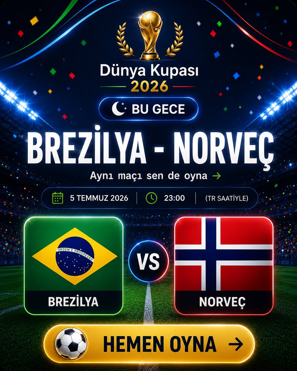 draftarena_game's tweet photo. 🏆 Bu gece Dünya Kupası heyecanı!

🇧🇷 Brezilya 🆚 🇳🇴 Norveç
🕚 5 Temmuz 2026 • 23:00 (TR)

Tarafını seç, taktiğini belir ve maçı sen de oyna.

👉 https://t.co/vduWqZIzlt
#WorldCup2026 #BrezilyaNorveç #DraftArena #BrazilNorway https://t.co/jMLc2w140i
