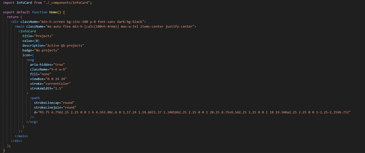 andrej_builds's tweet photo. Today I am continuing to
rebuild my React foundations.

Still taking it slow.
Still trying to understand basics
instead of just rushing to the next topic.

Now on to day 4.

Today was not a completely new concept.

It was more about practicing the
the things I already learned:

Reusable structure
Components
Props

So I built a small dashboard card.

The goal was simple.

Create one reusable InfoCard component
and pass data into it with props.

I passed in thing like:

description
badge
value
title
icon

At first, this felt like a small thing.

But while building it, props started
to make more sense.

Because the component keeps the 
same structure, but the data can 
change depending on where 
I use it.

For example:

One card can show total issues.

Another card can show resolved issues.
Another card can show high priority bugs.

Same component.
Different data.

That is where reusable components
started to click a little more for me.

You do not build the same card
again and again.

You build the structure once.

Then you reuse it with different values.

One thing I learned today:

Components become more useful
when they are not locked to one
specific piece of content.

The structure can stay the same.

The props make it flexible.

Simple idea.

But this is the first time reusable
components started to feel more practical
and less like just a React explanation.

That’s day 4.

See you tomorrow for day 5.