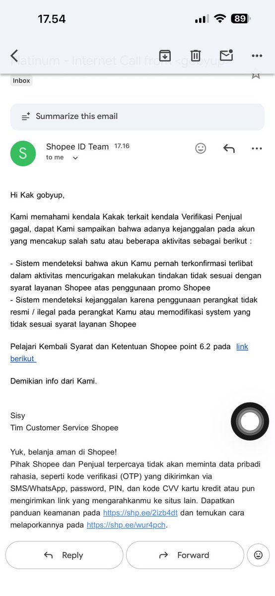 Gobyup_backup's tweet photo. Halo @ShopeeID , 

Mohon bantuannya, saya mau verifikasi data ulang dan ditolak.

Saya sudah mecoba menghubungi CS via telp dan chat, selalu mendapatkan jawaban yang sama "template banget".

Saya sudah jelasin dan jg kasi bukti terkait 2 point yg di duga merupakan hal yang saya langgar. Tapi team shopee masih tidak bisa bantu saya terkait masalah saya.

Tolong dong, daripada saya telp CS dan dapat jawaban yang sama. Ini saya niat baik ya, mau verifikasi data.