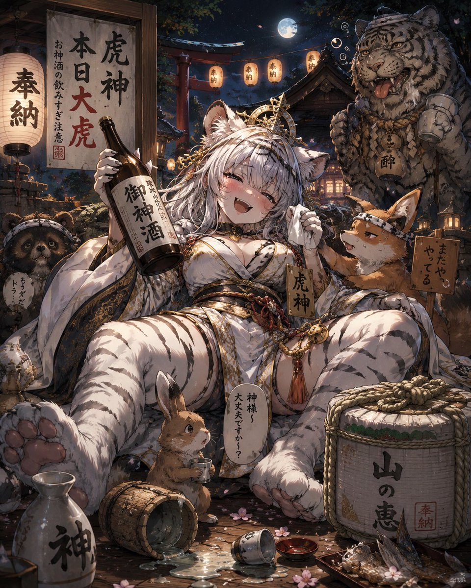 leon69mattari's tweet photo. 本日のテ��マ「虎神」🐯⛩️

威厳ある守護神を描こうと思ったのですが……
お神酒を飲みすぎて、今日は「大虎」になってしまいました。🍶😂

知っている人だけニヤッとしてもらえたら嬉しいです。

#AIart #AIイラスト #虎神 #白虎 #神社 #酒 #大虎 #イラスト https://t.co/bnEsZ8eAMc