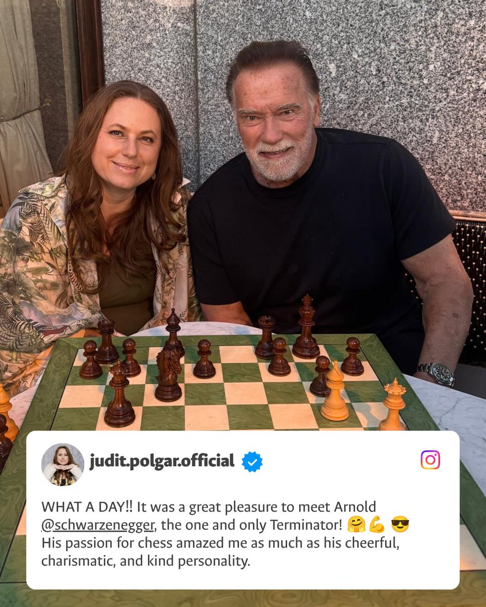FIDE_chess's tweet photo. Two legends, one board! ♟🎬

Judit Polgar showed Arnold @Schwarzenegger some of her favorite chess compositions. His verdict? Amazed!

Arnold plays chess to keep his brain sharp and young. Hasta la vista, blunders! 😎

📸 @GMJuditPolgar https://t.co/q6Lurlp05T