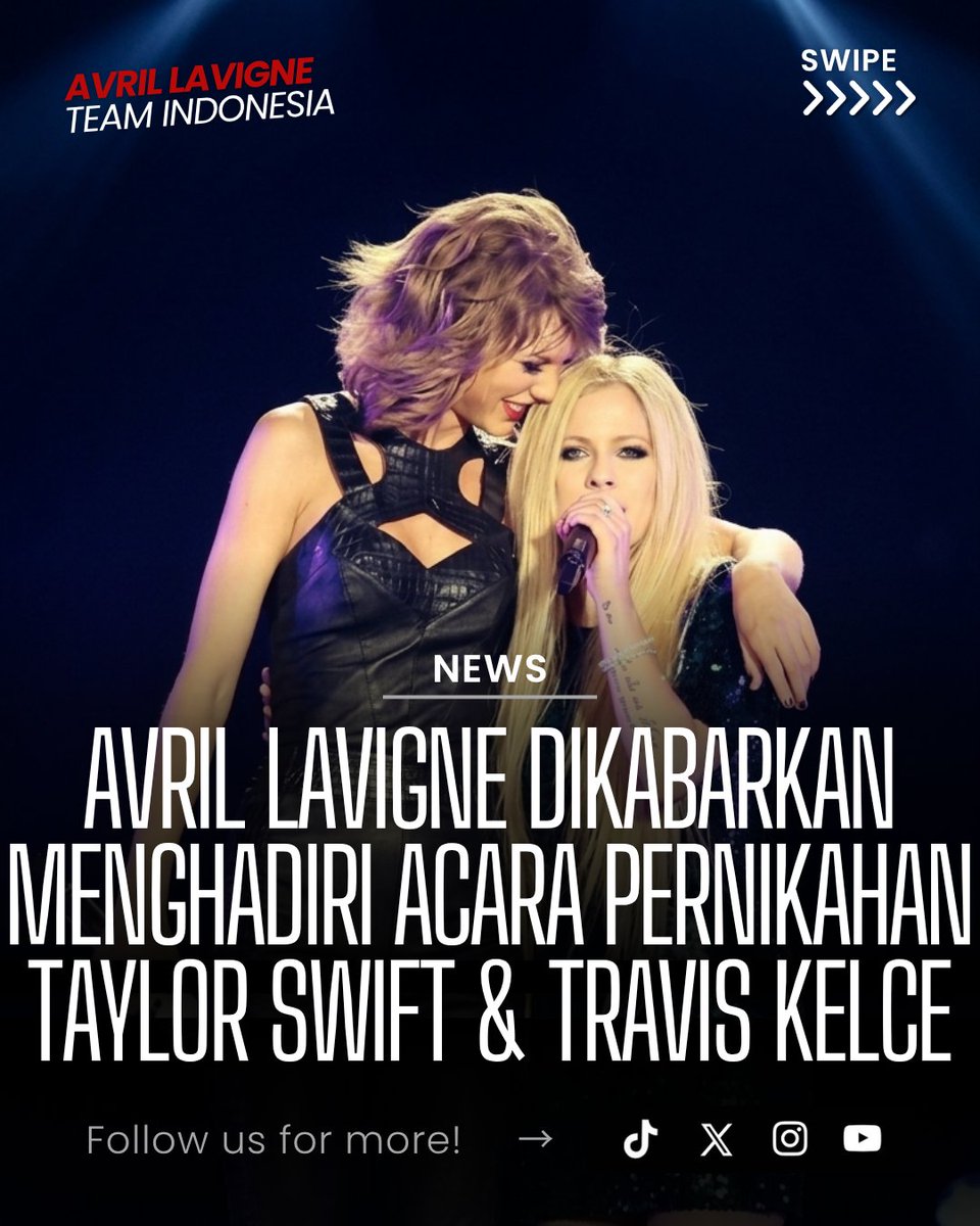 ALTeamIndonesia's tweet photo. Menurut laporan dari Deuxmoi, Avril Lavigne disebut menjadi salah satu tamu yang menghadiri perayaan pernikahan Taylor Swift dan Travis Kelce. Bahkan, Avril dikabarkan ikut meramaikan sesi karaoke hingga larut malam bersama sejumlah musisi ternama. https://t.co/SbMXIuwvVk