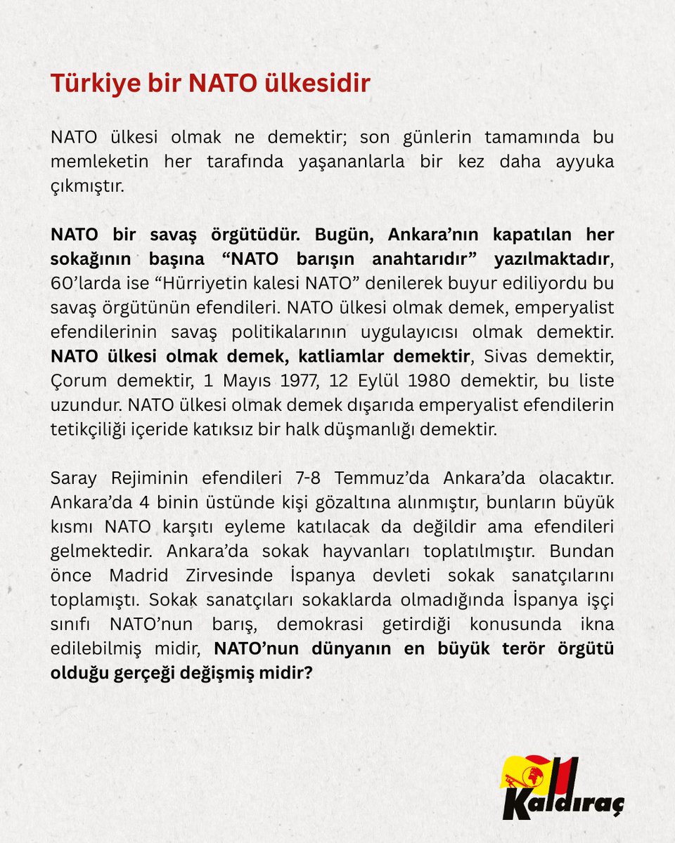 kaldiracdergi10's tweet photo. 📝Açıklama / Türkiye bir NATO ülkesidir

"NATO ülkesi olmak ne demektir; son günlerin tamamında bu memleketin her tarafında yaşananlarla bir kez daha ayyuka çıkmıştır."

"NATO ülkesi olmak demek, Sivas demektir, Çorum demektir, 1 Mayıs 1977, 12 Eylül 1980 demektir." 👇 https://t.co/wcR0DyVFeq