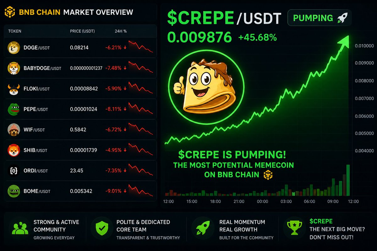 MichaelAlo10724's tweet photo. 🚀 $CREPE is one of the most promising memecoins on the BNB Chain.
Powered by a strong, active community and a dedicated core team that's consistently building, $CREPE has the ingredients to keep growing. 

#CREPE #BNBChain #Memecoin #Crypto #Mbappé #pakistán https://t.co/kKj9lZW7Nm