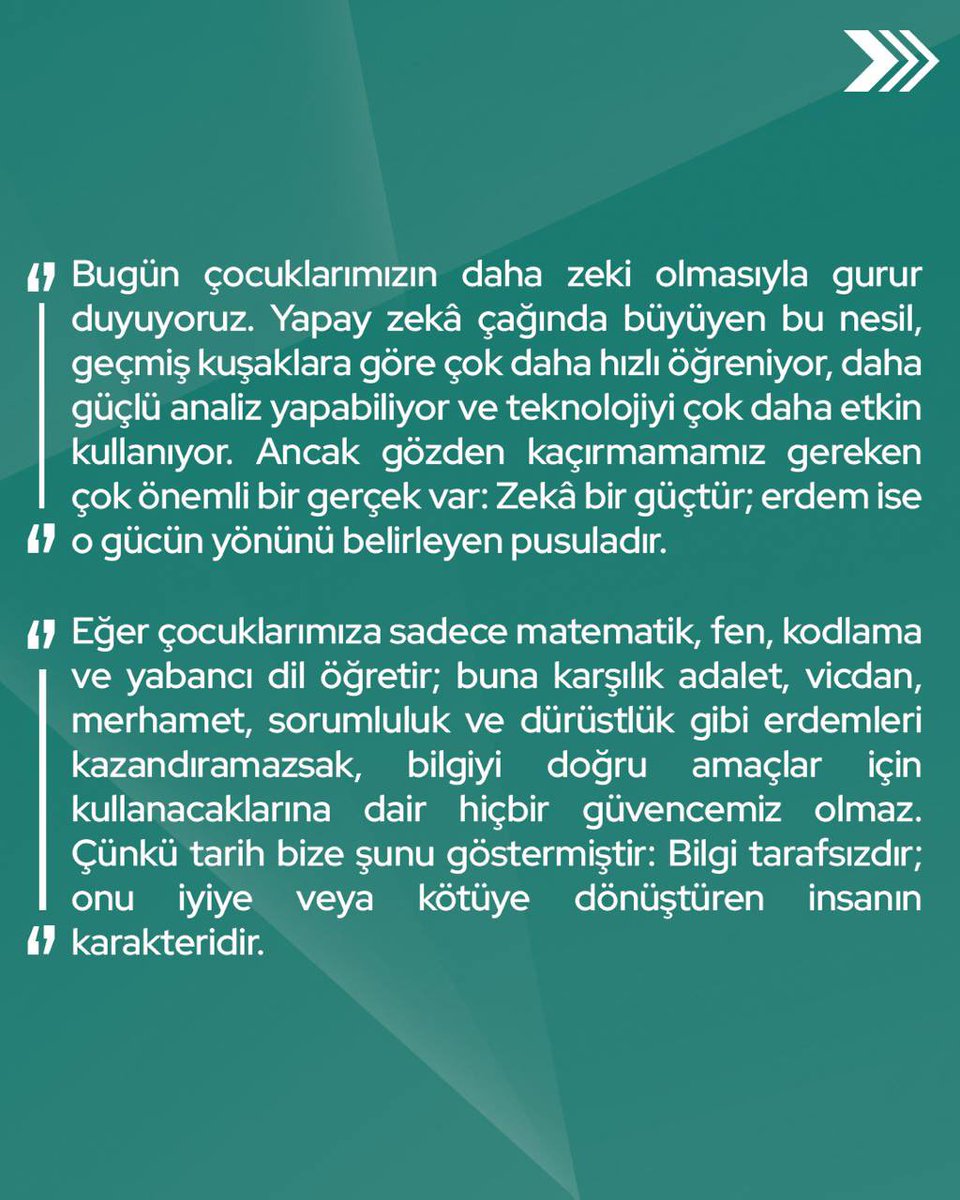 devapartisi's tweet photo. Zeynep Sudan: “Türkiye’nin yeni eğitim vizyonunda sadece sınav başarısını değil, erdemli insan yetiştirmeyi de merkeze alması gerekiyor. 

Bir ülkenin geleceğini yalnızca mühendisleri, doktorları veya yazılımcıları belirlemez. O meslekleri icra eden insanların vicdanı belirler. 

Biz çocuklarımıza ‘Nasıl daha çok para kazanırsın?’ sorusundan önce ‘İnsanlığa nasıl fayda sağlarsın?’ sorusunu öğretmeliyiz.”
