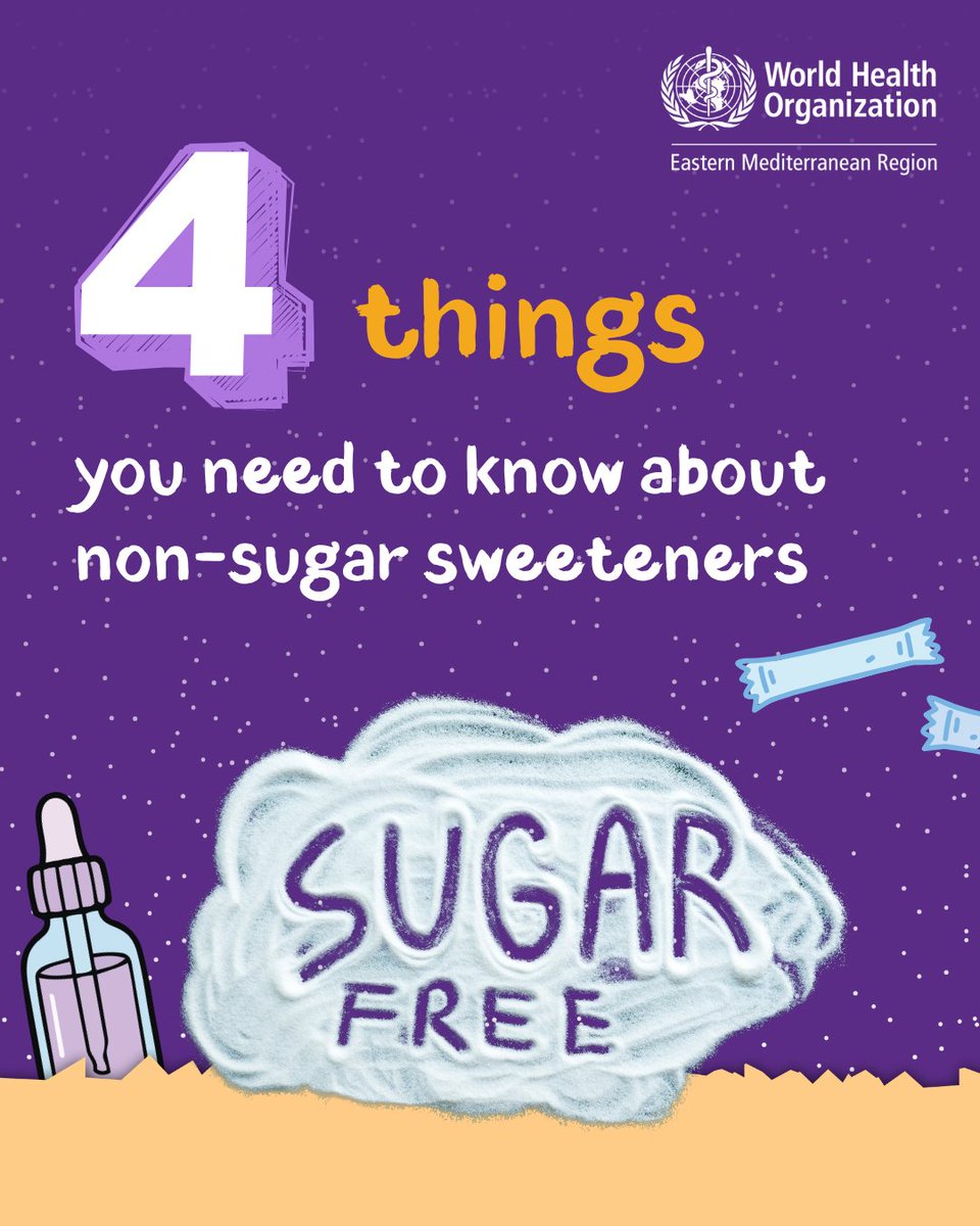 WHOEMRO's tweet photo. Cutting down on sugar is good for your health and can help you manage your weight. But it’s best to do this without replacing sugar with non-sugar sweeteners like stevia, aspartame and saccharin.

Non-sugar sweeteners do not help with weight control in the long term. they might cause other health problems later. In fact, on the long term, these products may have potentially undesirable effects, such as an increased risk of type 2 diabetes, cardiovascular diseases or mortality in adults.