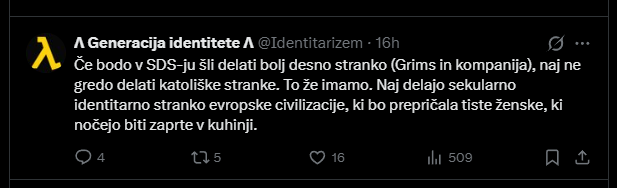 AlenKoman's tweet photo. Itak je vsem že jasno, da je to naslednji načrt.

Naredili so libdem satelit z Logarjem, zdaj bodo naredili kao "skrajno desni" satelit z Grimsom.

Ampak, NE SME BITI KATOLIŠKI!!!

Ker veste ... zadnjih 80 let nimamo več katolicizma v Sloveniji in nam ge odlično!

A veste, ker KATOLIŠKA stranka zapira ženske v kuhinjo!

Samo prava sekularna "identitarna" stranka bo zagotovila demografsko rast, brez da bi bile ženske "zaprte" v kuhinji! (Kako ... pa nihče čisto zares ne ve. Verjetno bo sam Grims s svojimi neonaciji začel rojevat?)