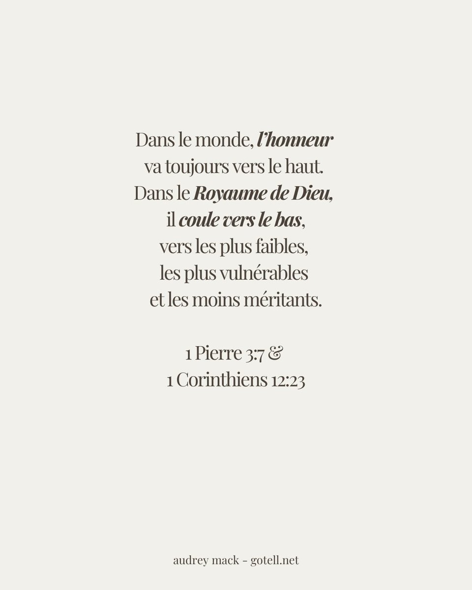AudreyGoTell's tweet photo. 1 Corinthians 12:23
23 and on those parts of the body that we think less honorable we bestow the greater honor, and our unpresentable parts are treated with greater modesty,

1 Corinthiens 12:23
23 et ceux que nous estimons être les moins honorables du corps, nous les entourons d'un plus grand honneur. Ainsi nos membres les moins honnêtes reçoivent le plus d'honneur,