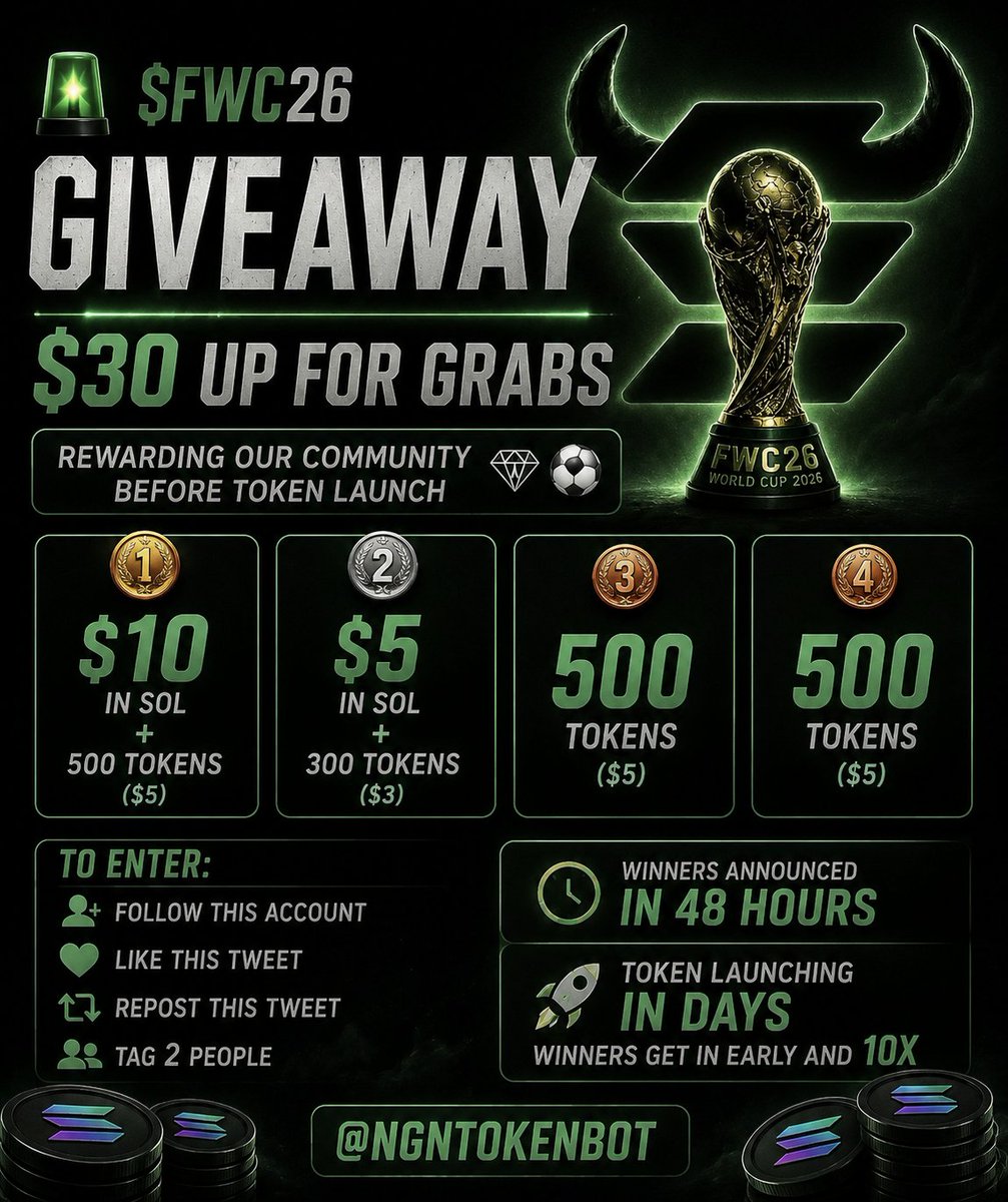 FWCUP26's tweet photo. 🚨 $FWC26 GIVEAWAY — $30 UP FOR GRABS 🚨
We're rewarding our community before token launch 💎⚽
🥇 1st — $10 in SOL + 500 tokens ($5)
🥈 2nd — $5 in SOL + 300 tokens ($3)
🥉 3rd & 4th — 500 tokens ($5) each
To Enter:
✅ Follow this account
❤️ Like this tweet
🔁 Repost this tweet
👥 Tag 2 people who need free money in the comments
⏰ Winners announced in 48 hours
🚀 Token launches in days — winners get in early and 10x 📈
This is just the beginning 💙
👉 @FWCUP26
#FWC26Giveaway #Solana #WorldCup2026 #FreeSOL #Crypto