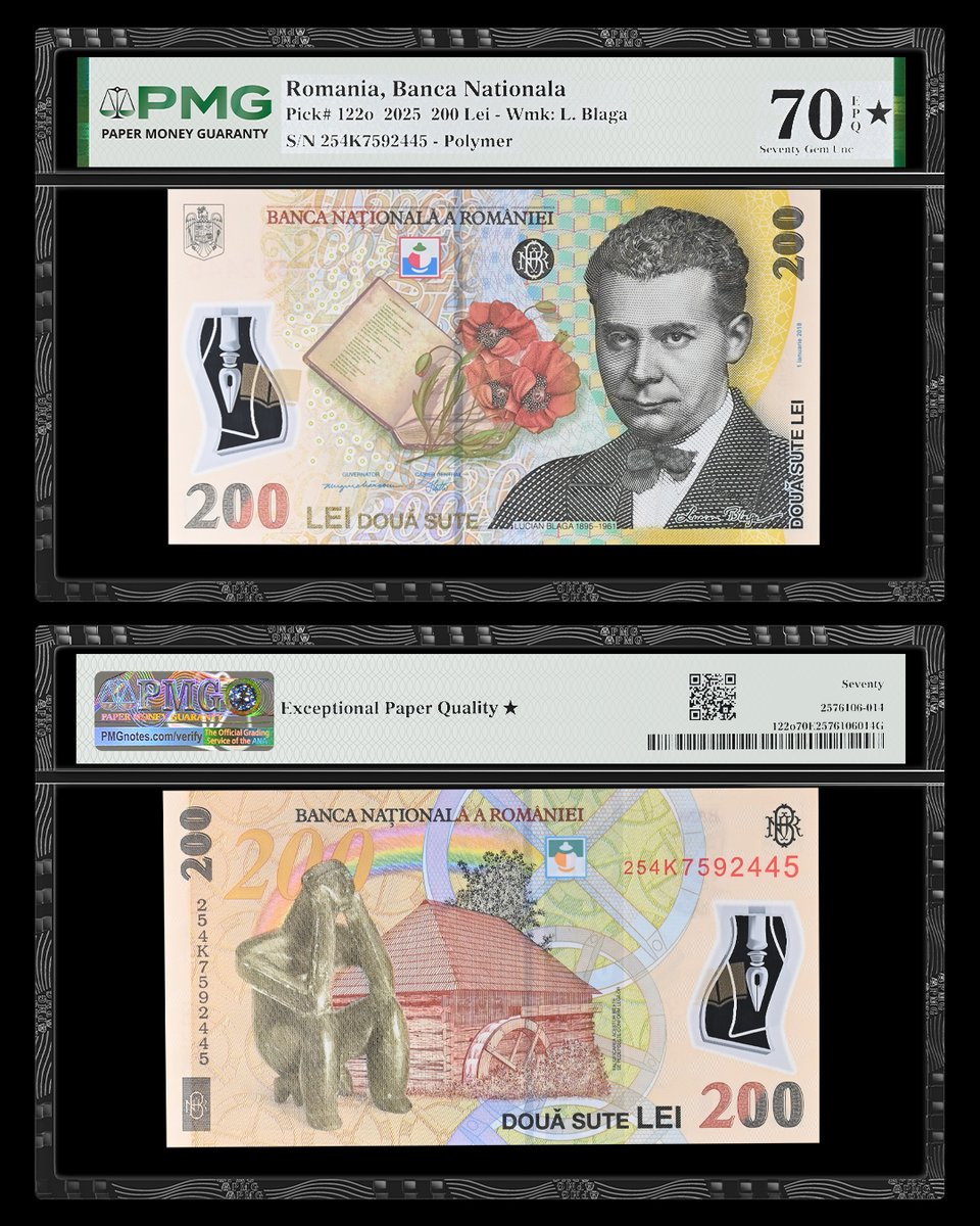PMGnotes's tweet photo. Note of the Day: For #SuperSunday, here’s another banknote that earned PMG’s highest grade: this Romania 2025 200 Lei. Learn more about the PMG Grading Scale at https://t.co/eGC3pDm1U7 https://t.co/BRDI2CpKTw