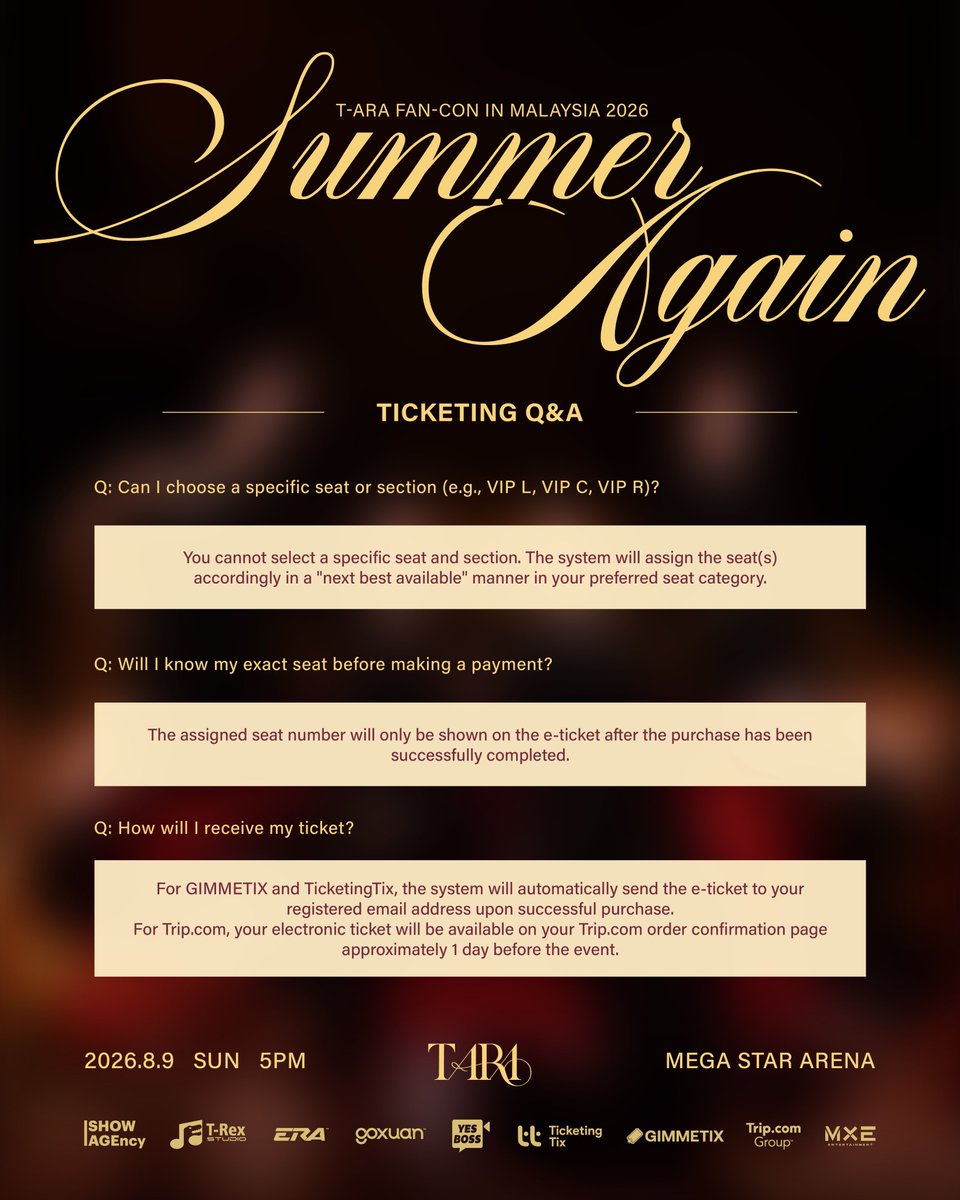 TrexStudioROAR's tweet photo. 👑 T-ARA FAN-CON IN MALAYSIA 2026 [Summer Again]

Please refer to the Ticketing Guide before purchasing your tickets to ensure a smooth booking experience. ✨

🎟 General Ticket Sales
Date: 7 July 2026
Time: 12:00 PM
Official Platforms: Ticketing Tix | GimmeTix
Travel Partner: https://t.co/cWlJQ4UvXb

🤗 We strongly encourage everyone to review the guide carefully before the ticket sale begins.
Good luck securing your tickets! 👑

#TARA #TARAinKL #SUMMERAGAIN #TrexStudio