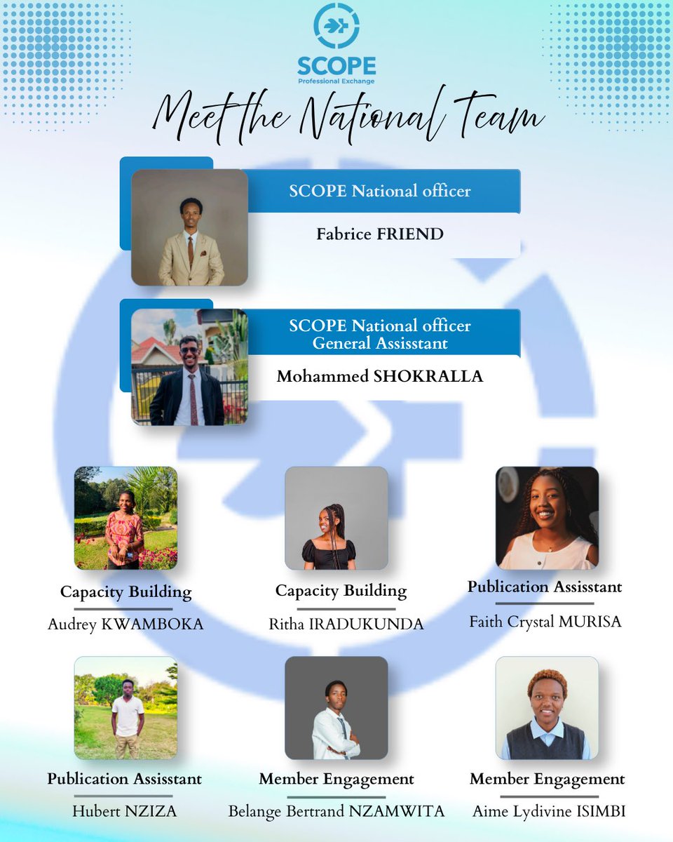 scope_rwanda's tweet photo. 💙 Introducing the SCOPE Rwanda National Team!
A passionate team ready to serve, innovate, and create impact throughout the term.
Join us on this journey as we work towards a stronger and more connected SCOPE community. ✨

#SCOPERwanda #MEDSAR #FutureDoctors#ProfessionalExchange https://t.co/IM7wNJ1ChF