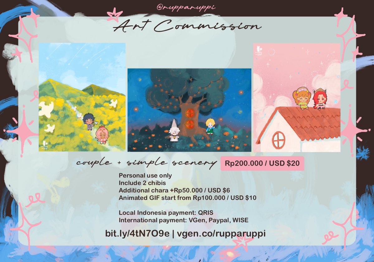 rupparuppi's tweet photo. (help RT🫶🏻)

July slots are open!  I’m opening chibi + scenery commission! ✨ available for local 🇮🇩 and international

https://t.co/AcCL7cJyV7
https://t.co/4r7VEtez7I 

#VGenComm #opencommission https://t.co/SptIezLNbS