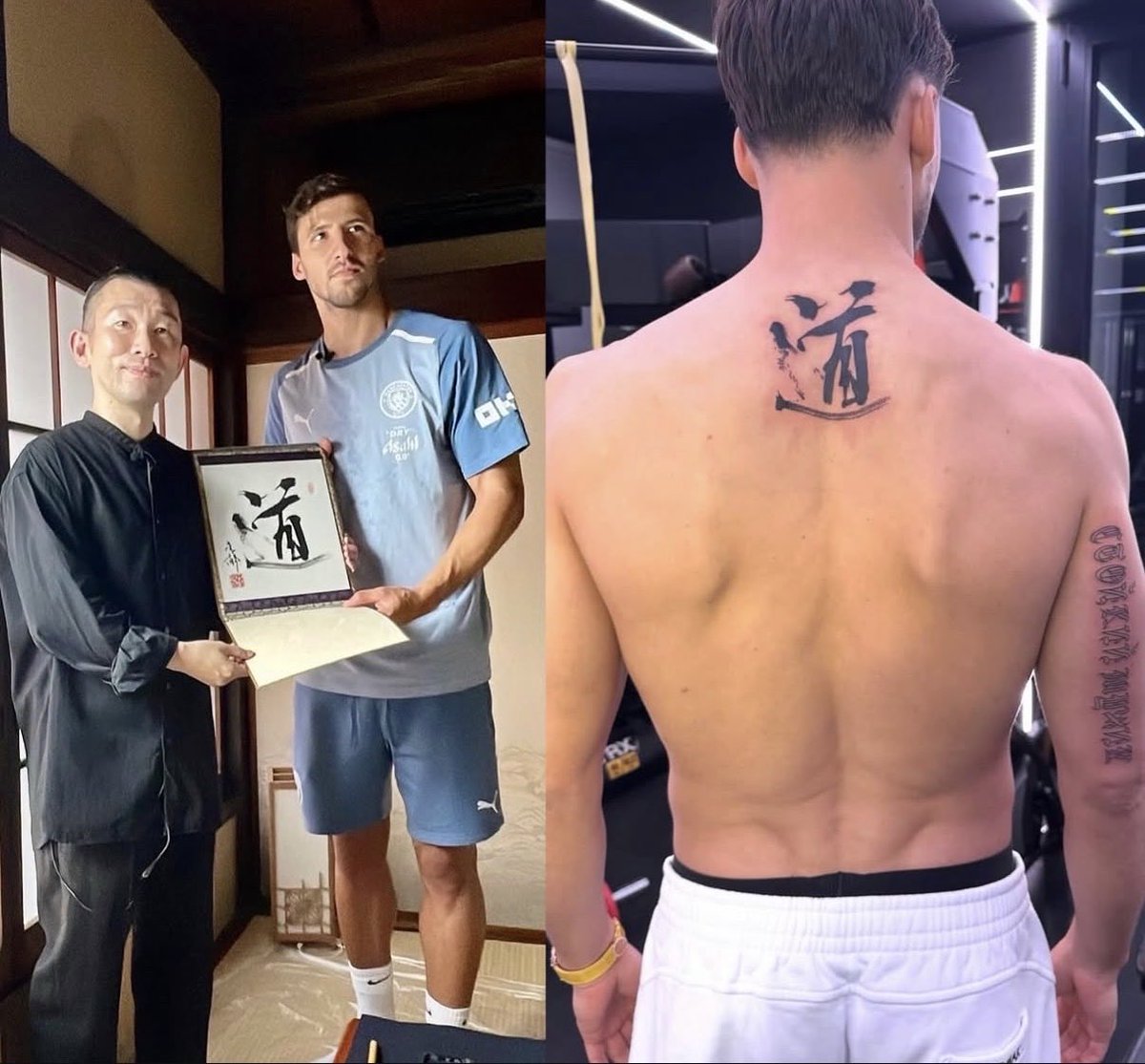 kaigaiSnihon's tweet photo. 🇵🇹ポルトガル代表、ルベン・ディアスが身体に刻んだ『道』🦑

ルベン・ディアスはマンチェスター・シティが来日した書道を体験し、記念に頂いた“道(どう)”の文字を帰国してからタトゥーを入れた💥

『道(どう)』には、技術や結果だけでなく人としての在り方を磨き続ける精進の道。日本文化としての「道」は、単なる方法(way)ではなく、「人生を通して人格を完成させる修行の道」という意味📜