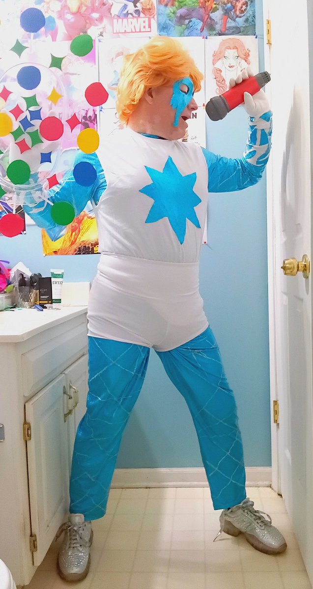 LenhardtEric's tweet photo. Okay here's my newest cosplay of my girl Dazzler for everyone! I will probably put some white lines on the starburst on the T-shirt but for pictures it's okay #cosplay #dazzler #xmen #hellfiregala #thriftstorefinds #morphsuit #wigs #silverglittershoes #microphone #cosplaypowers https://t.co/7rNVsA2uNa
