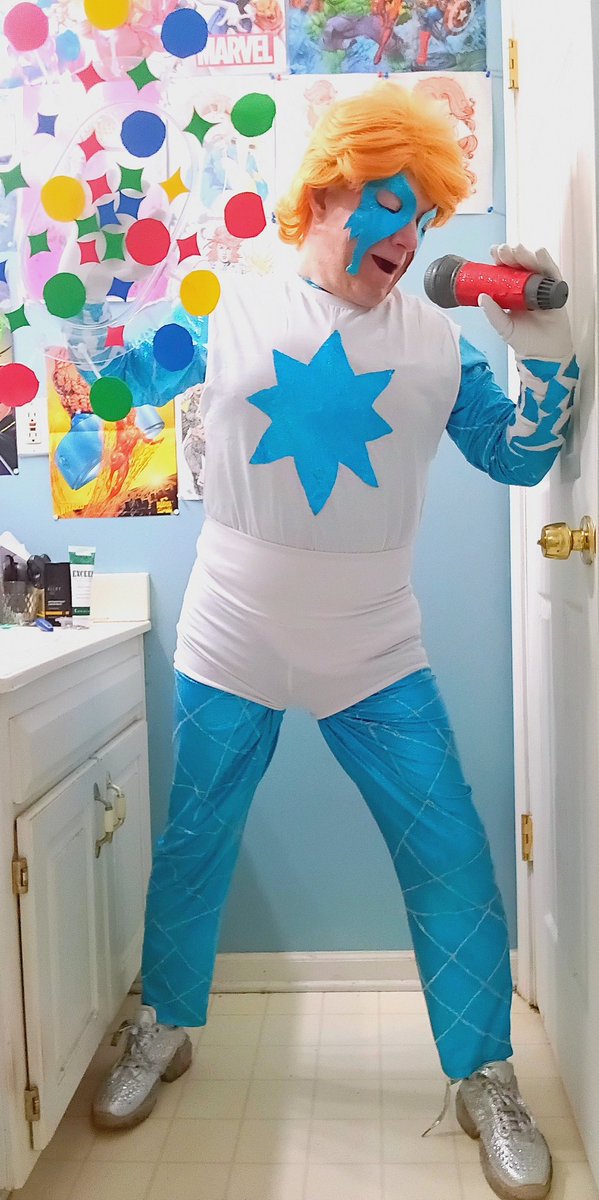 LenhardtEric's tweet photo. Okay here's my newest cosplay of my girl Dazzler for everyone! I will probably put some white lines on the starburst on the T-shirt but for pictures it's okay #cosplay #dazzler #xmen #hellfiregala #thriftstorefinds #morphsuit #wigs #silverglittershoes #microphone #cosplaypowers https://t.co/7rNVsA2uNa