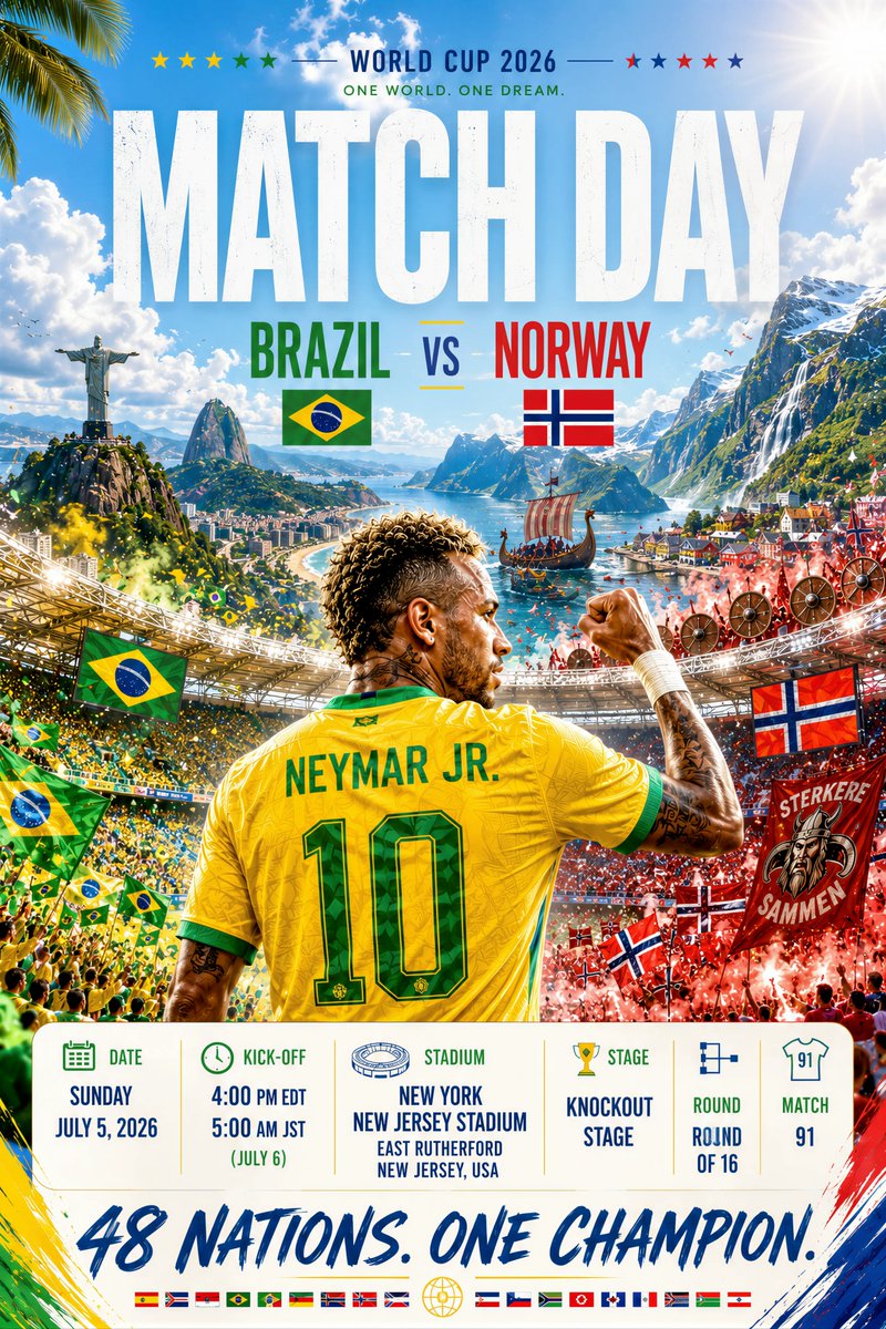 Preda2005's tweet photo. W杯はいよいよ決勝トーナメントへ。⚽🔥

そこで、GPT Image 2に新しい��を教えました。

🌍 国を選ぶ
⚔️ 対戦相手を選ぶ
⭐ 自分の国のヒーローを選ぶ
すると実際の試合日程、スタジアム、開催都市、トーナメント情報をもとに、まるでTV中継のような映画級マッチポスターを自動で作ってくれます。
次は、あなたの国の試合を見せてください。

👇 プロンプトはコメント欄に置いておきます