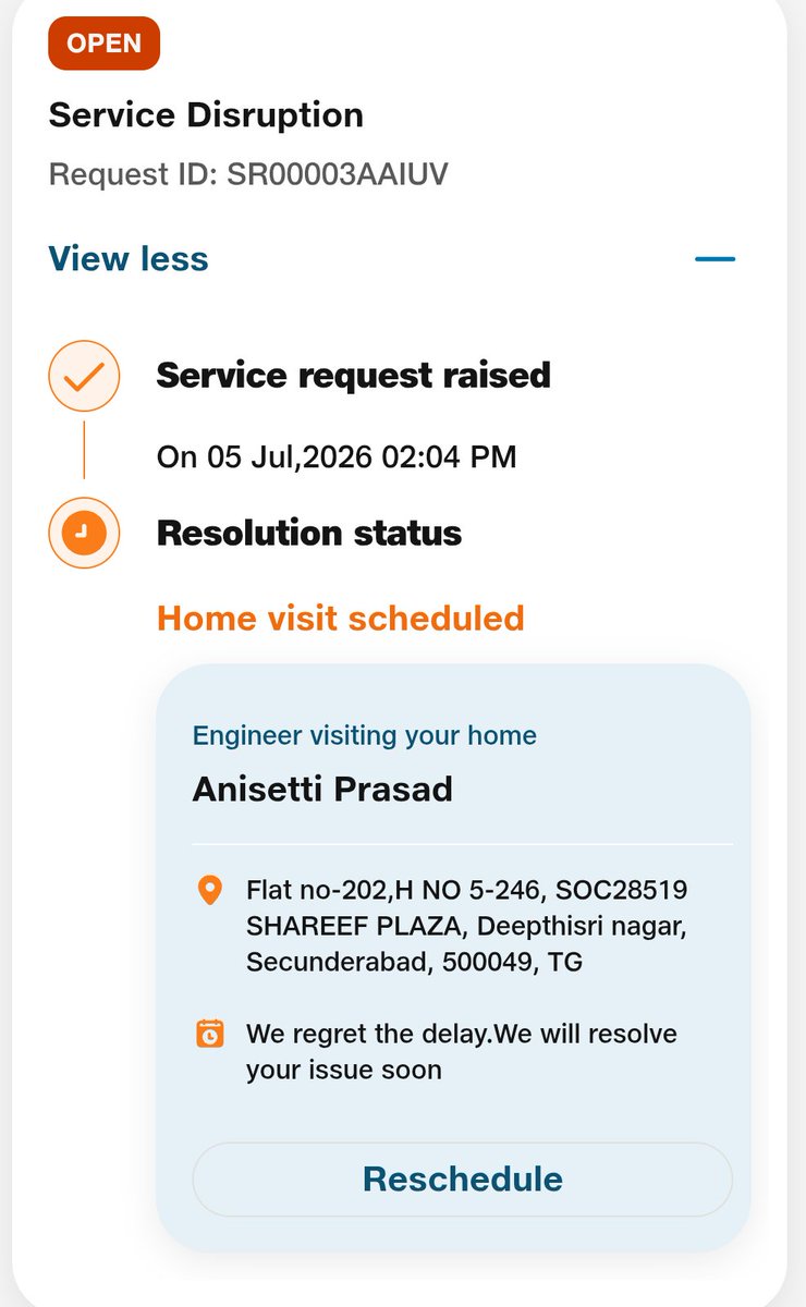 sandeep_narra's tweet photo. @JioCare @reliancejio @JioFiberVoice @FibreJio Here you can see that your people regret for delay, and hence I should reschedule it. Some one from your team replied in X on this thread, they resolve it soon, please see this, pathetic services and replies. All template message,No one care to read the message before reply. https://t.co/75jvHRCyHB