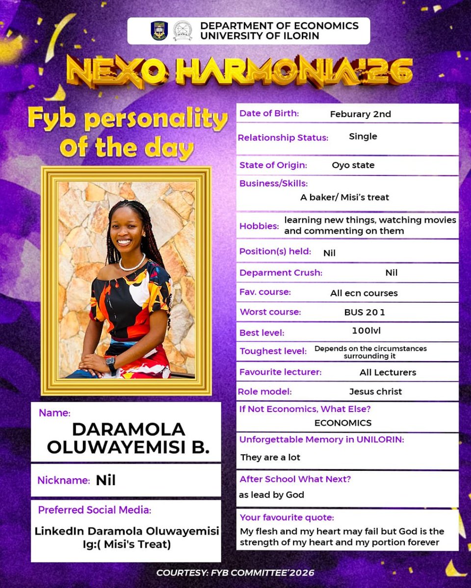 Nexo_harmonia's tweet photo. UNVEILING OUR FINALIST OF THE DAY!

Meet Daramola Oluwayemisi, a remarkable finalist whose journey has truly been inspiring.

Congratulations on making it to the finals! 🥳🎉
Wishing you the very best in your future endeavors. 🤗💫
Cheers to greatness! 🤩🎓 https://t.co/l5eytjbZfu
