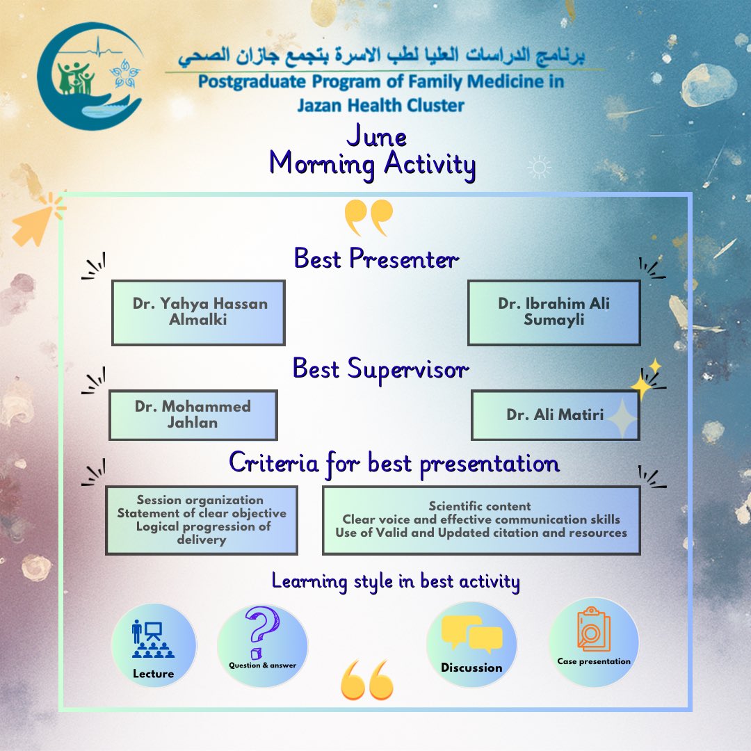 Jazan_FM's tweet photo. العروض المميزة لشهر يونيو: 

د. يحيى حسن المالكي 👏🏻

د. ابراهيم علي صميلي 👏🏻

المدربين المتميزين في المشاركة الفاعلة وإثراء النشاط الأكاديمي خلال شهر يونيو : 

شكراً د. محمد جحلان. 

شكرًا د. علي ماطري. https://t.co/ApMWFD3ygW