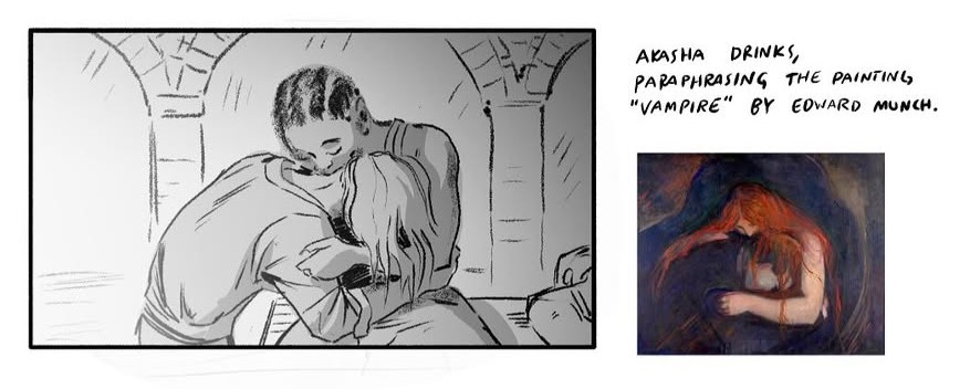 PopCultWeasel's tweet photo. Levan posting storyboards for ep5, incl Akasha drinking from Lestat. 
Reference was Edward Munch painting LOVE AND PAIN (sometimes referred to as VAMPIRE) https://t.co/I9IyQQstn1