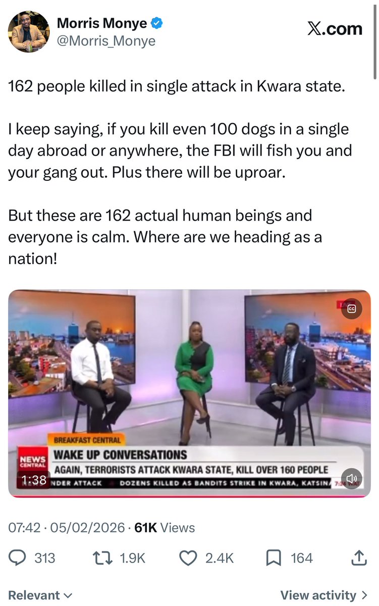 Morris_Monye's tweet photo. That’s just the fact. 

If a huge amount of animals are killed in a civilized society, the govt of that society will fish out the killers. 

Yet look at Nigeria. https://t.co/x0UUcnbyZH