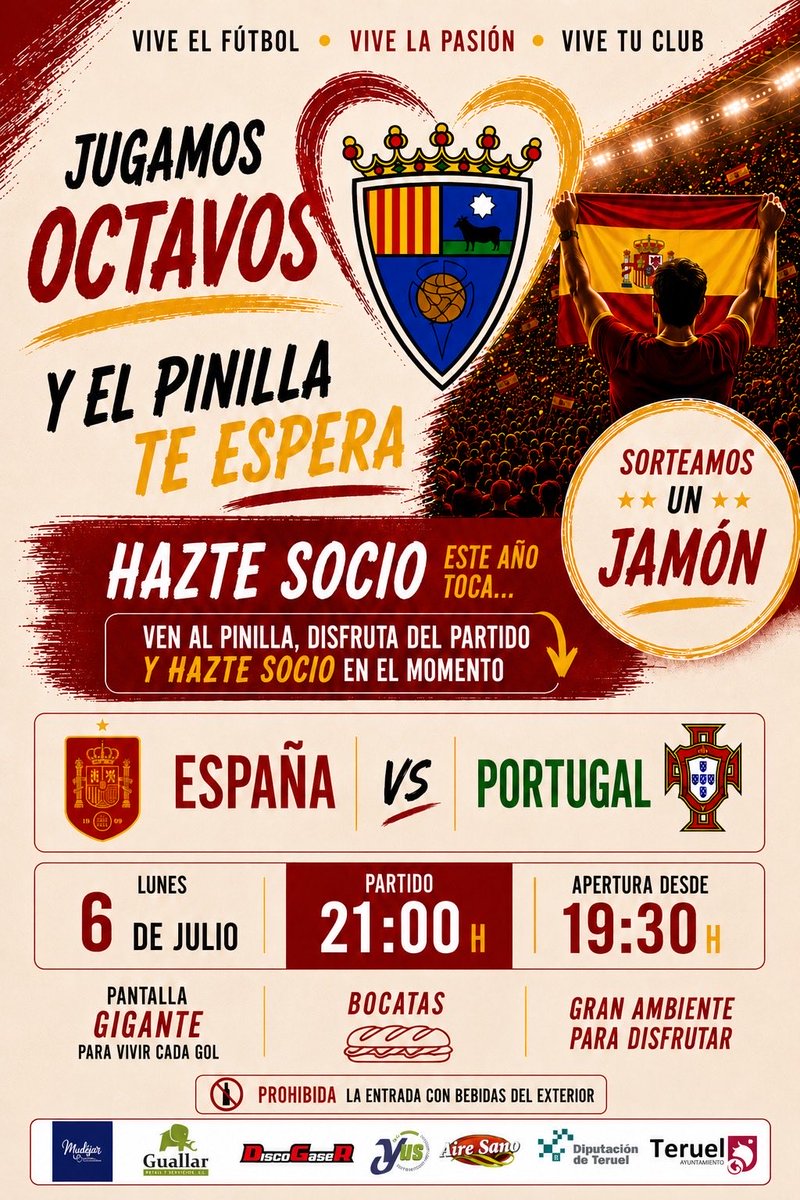 TeruelCd's tweet photo. 📺 Este 6 de julio, Pinilla se viste de Mundial para volver a reunir a toda la afición frente a la pantalla gigante.

⚽ Ven a animar a la Selección Española en una cita decisiva. ¡Ambiente, sorpresas y mucha pasión por España! 🇪🇸🔥 https://t.co/rzYSzptOfD