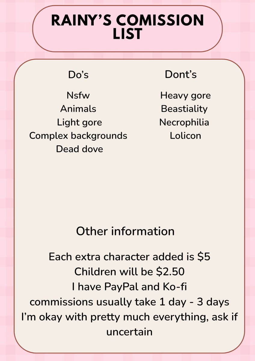 rainbrightflame's tweet photo. Updated commission information to make it more clean!
If you have any questions, please ask 🥰
Love, Rainy 👸🦚 https://t.co/BpGGeiaujq