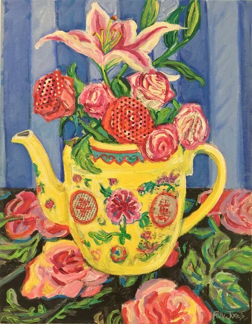 HWarlow's tweet photo. Polly Jones Mixed Media artist 
American painter (Texas) 
Bringing joy and gratitude are her aims with her work 
Certainly bright and easy to see 
She has a sunny converted porch studio.  Plenty of light. https://t.co/aes7wQCUvm