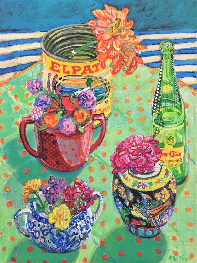 HWarlow's tweet photo. Polly Jones Mixed Media artist 
American painter (Texas) 
Bringing joy and gratitude are her aims with her work 
Certainly bright and easy to see 
She has a sunny converted porch studio.  Plenty of light. https://t.co/aes7wQCUvm