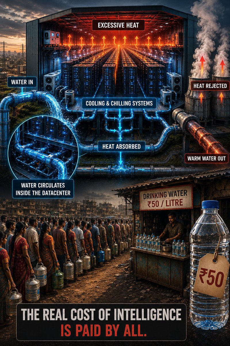 opportunist_inv's tweet photo. Yesterday we established that powerful chips create one unavoidable problem.

♨️♨️Heat♨️♨️

Today we go into the layer nobody saw coming.

The smarter AI becomes  the hotter it gets🔥🔥

Thousands of GPUs running continuously generate enormous amounts of heat.

Without efficient cooling ➡️performance drops ➡️ hardware degrades 👉and systems become unreliable.

🆒 Cooling isn't a support function.

‼️‼️It's a survival function‼️‼️

👉Cooling systems can account for roughly 7% to more than 30% of a data centre's total electricity use.

And cooling often depends on something surprisingly ordinary

💧💧Water 👉👉 Freshwater 🚰🚰
                              👇🏿👇🏿
Many large data centres have traditionally relied on freshwater because it removes heat efficiently while protecting sensitive equipment.

As AI workloads grow, so does the pressure on water resources.

That's why Microsoft is working toward becoming Water Positive by 2030

It's why Google is investing in freshwater replenishment projects near its data centres.

This isn't sustainability for the sake of headlines.

It's preparation for a resource problem most people haven't priced in yet.

Now imagine this:

💧 Paying ₹50 for 1 litre of water.
Sounds extreme. 
Feels distant.
It isn't when the world's largest technology companies and 1.4 billion people are competing for the same freshwater, the price of water stops being theoretical very quickly.