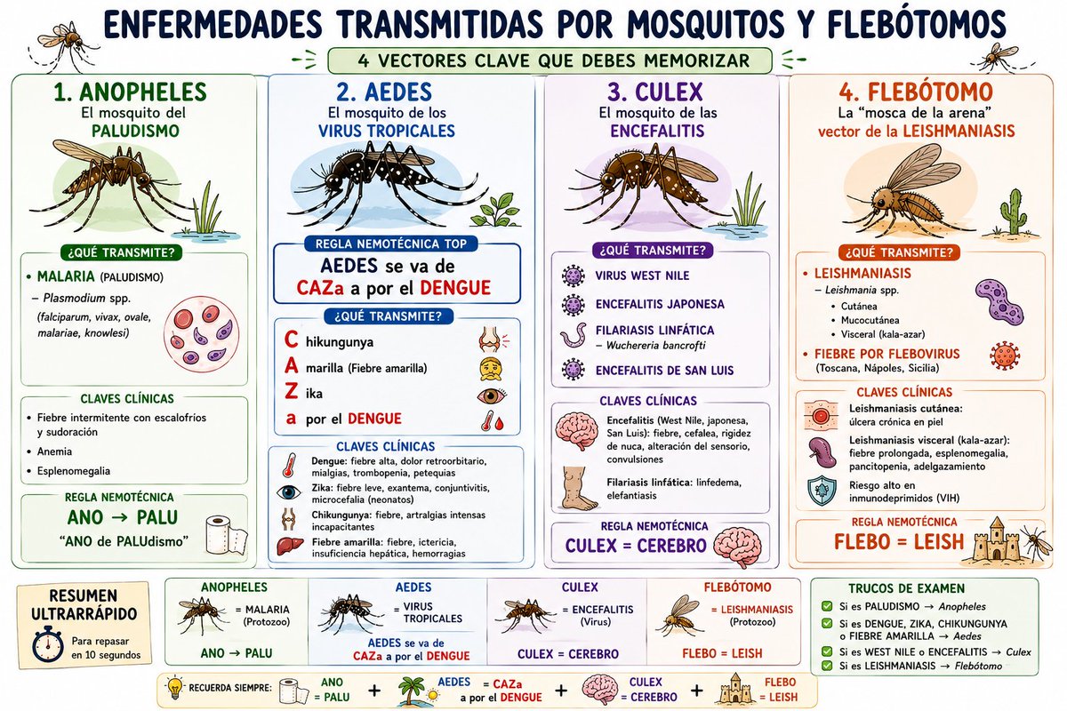 gabi_puchepalao's tweet photo. 🦟📚 ¿Te lías con los vectores en los exámenes? Aquí tienes una regla visual de alto rendimiento:

🦟 Anopheles → Paludismo
🦟 Aedes → "CAZa el Dengue" (Chikungunya, Amarilla, Zika, Dengue)
🦟 Culex → Encefalitis
🪰 Flebótomo → Leishmaniasis
#MedEd #Infectología #MIR https://t.co/drcYAk8UtP
