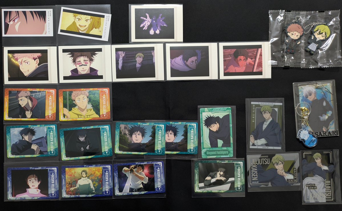 sarasarari99's tweet photo. 【交換】呪術廻戦 死滅回游 トレーディングミニカード Vol.2 SNAP CARD スナップカード4 ぱしゃこれ 第8弾 第3期  死滅回游OP・ED Ver. ブックマークコレクション Plaza chair:Black 身支度フェア 特典 カプセルラバーキーホルダー

譲：虎杖悠仁 伏黒恵 乙骨憂太 脹相 日車寛見 禪院直哉など
↓ https://t.co/iuTDmz4QKh
