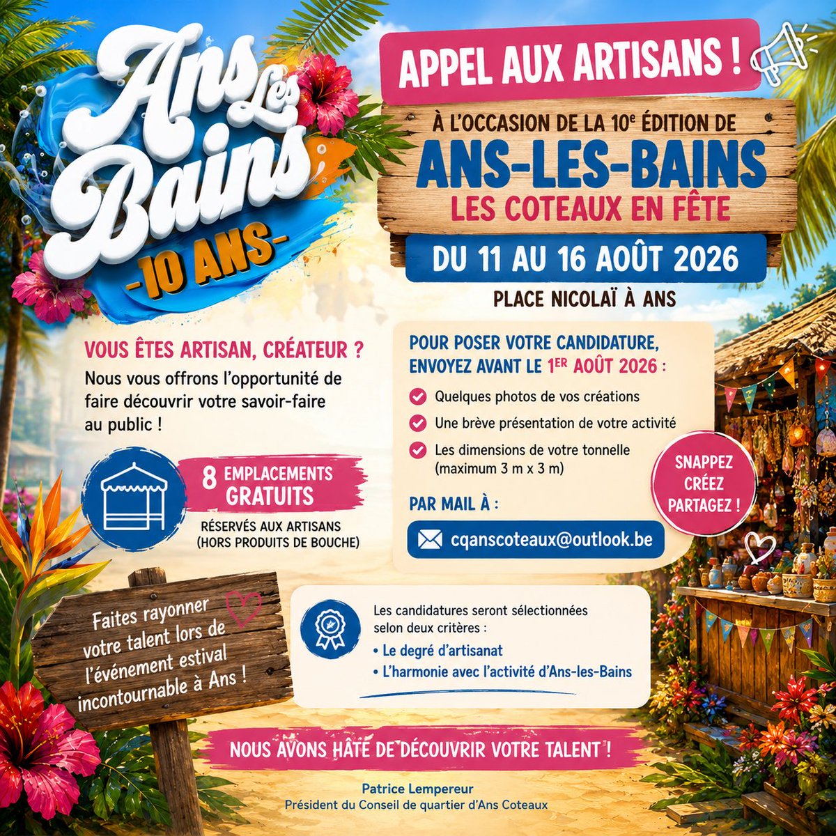 AnsBains's tweet photo. À l’occasion des 10 ans d’Ans-les-Bains, 8 emplacements gratuits sont réservés aux artisans (hors produits de bouche).

📅 Du 11 au 16 août 2026
📍 Place Nicolaï à Ans

📩 Candidatures avant le 1er août : cqanscoteaux@outlook.be

#AnsLesBains #Artisanat #Créateurs #Ans #Été2026 https://t.co/zYa8JMzDvL