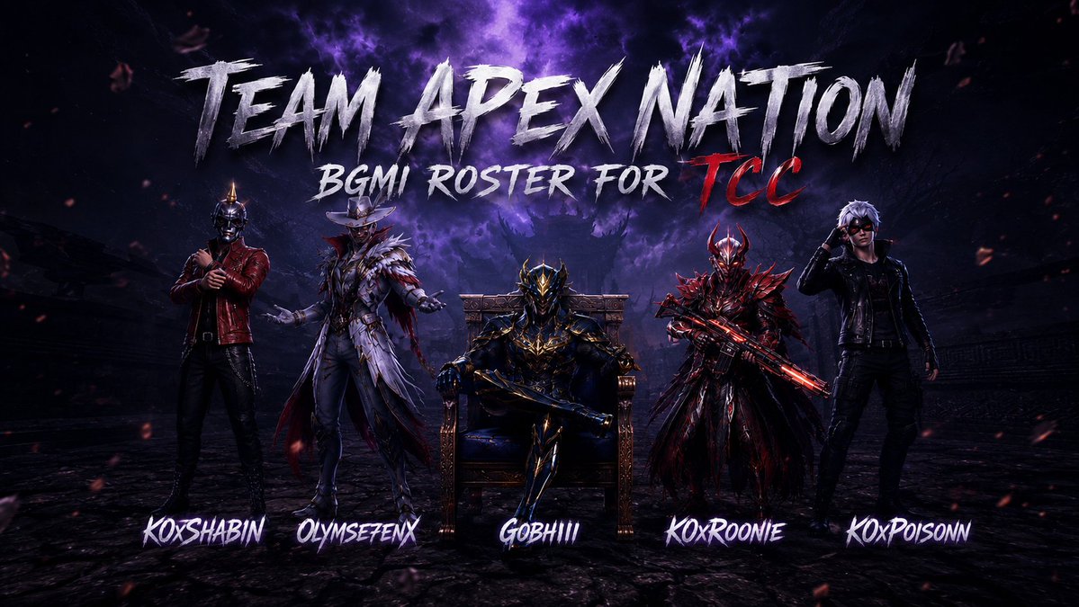 Apex__nation's tweet photo. Introducing our BGMI roster for TCC. Wishing the team all the best for the tournament. 🖤 https://t.co/yowuiZRCT7