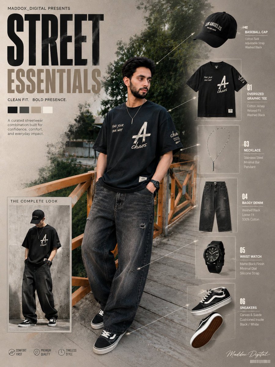 Maddox_Digital's tweet photo. Create an image based on the source outfit. Visually extract and identify all clothing items, shoes, accessories, colors, materials, and textures.

Create a fashion editorial poster with a dynamic floating outfit composition: each clothing item and accessory should appear separately suspended in the air, slightly levitating, as if arranged in a premium exploded fashion layout.

Include a bold headline, floating garment pieces, shoes, accessories, item labels, and one small inset image showing the full styled look on a model.

Make the composition feel editorial and promotional, with clean spacing, realistic shadows, subtle motion or energy effects, and a polished high-end fashion poster aesthetic.

Keep the original styling, colors, and materials. Use premium lighting, sharp detail, modern typography, and a visually striking commercial layout.

Aspect ratio 3:4

Created by Maddox_Digital